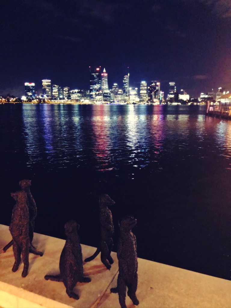 figury surykatek na tle rzeki nocą